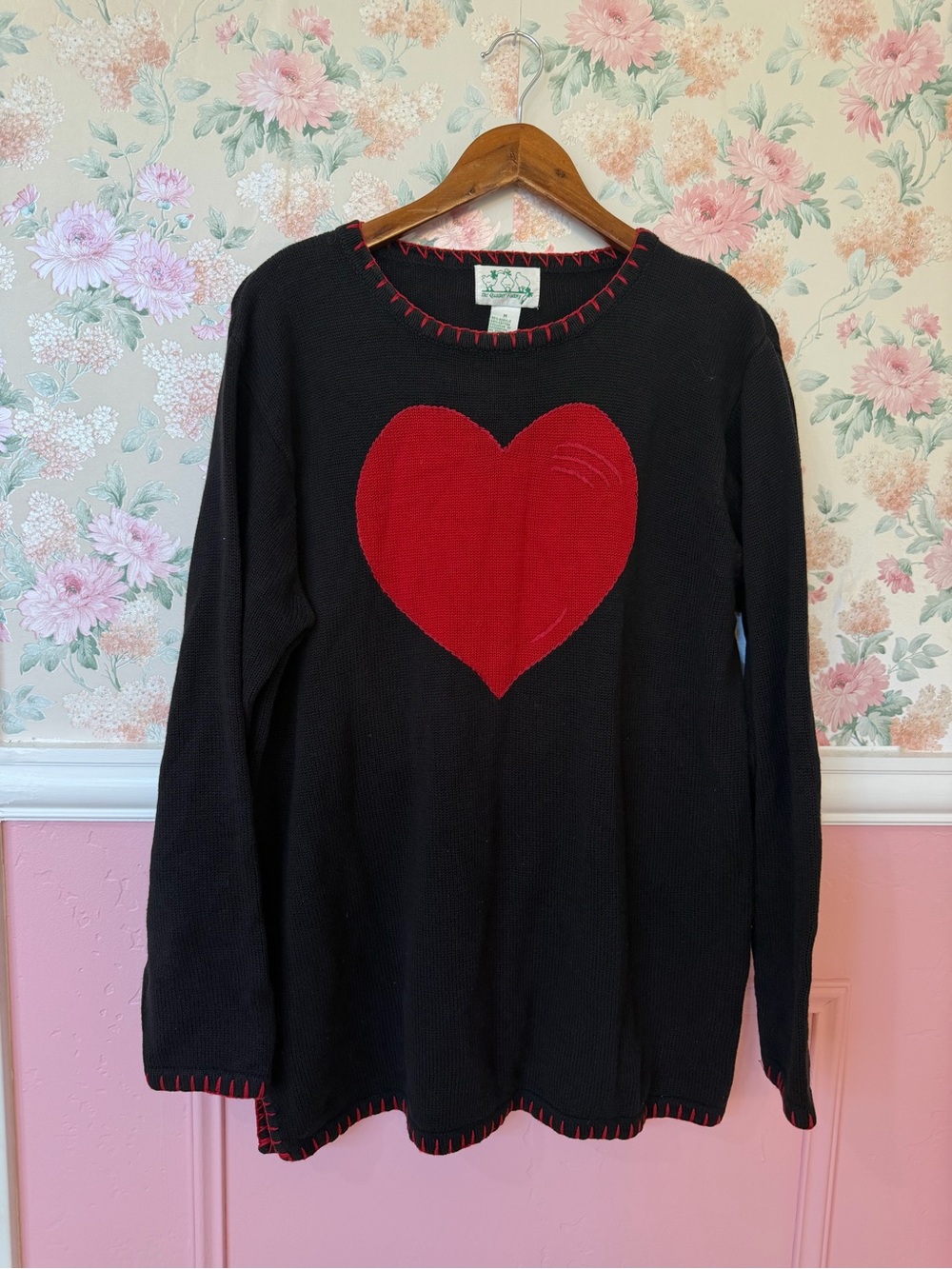 Oversized Black Sweater Top with Red Heart Motif
